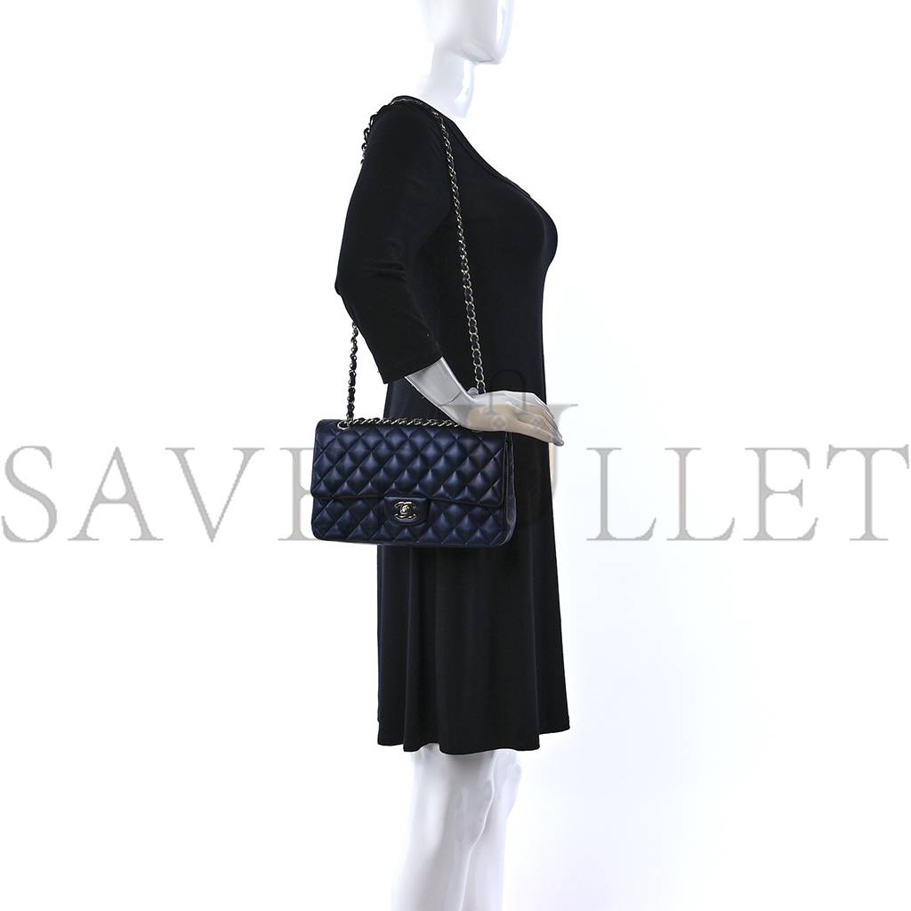 CHANEL IRIDESCENT CALFSKIN QUILTED MEDIUM DOUBLE FLAP NAVY (25*15*6cm)