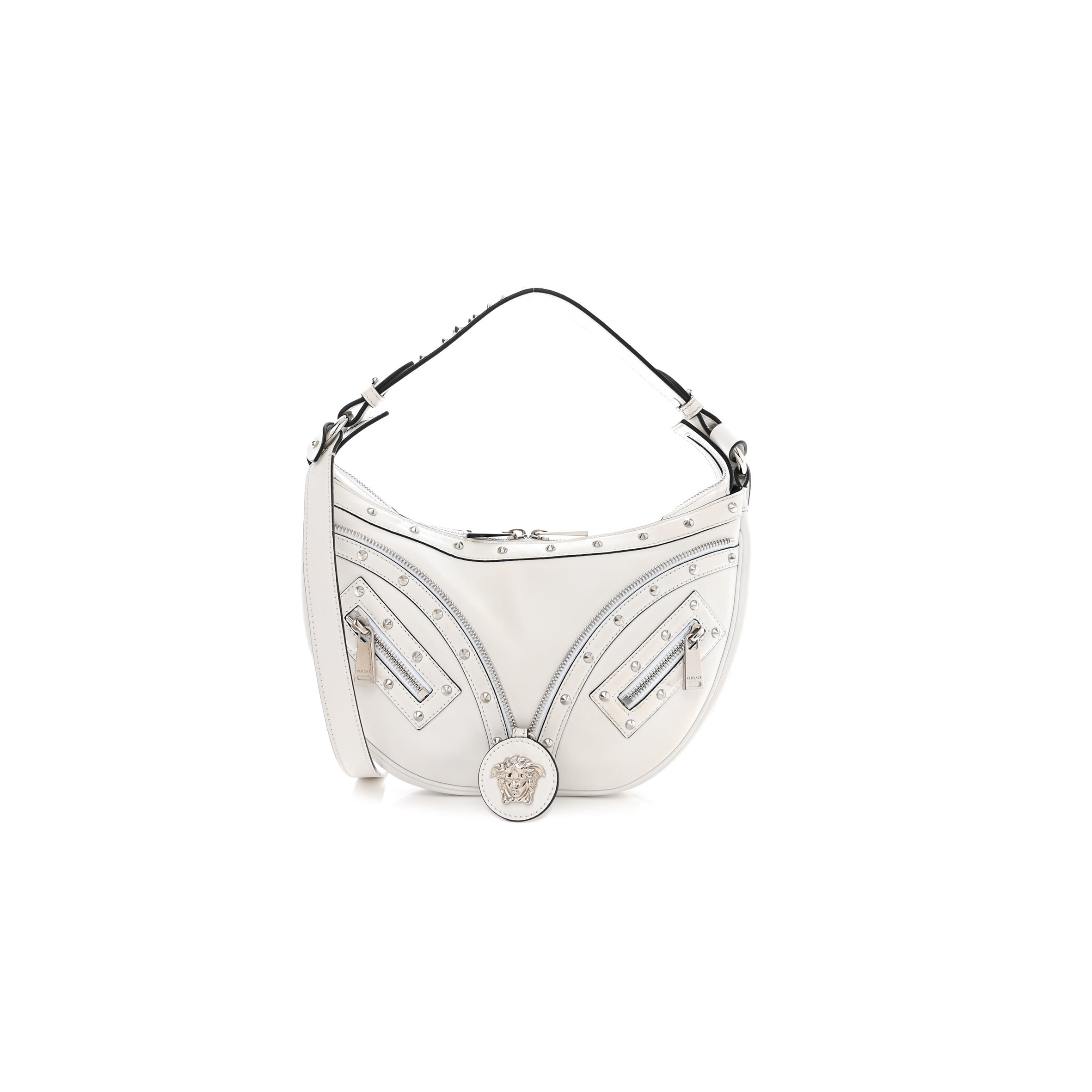 VERSACE CALFSKIN STUDDED SMALL REPEAT ZIP HOBO WHITE (29*19*5cm) VERSACE CALFSKIN STUDDED SMALL REPEAT ZIP HOBO WHITE (29*19*5cm)