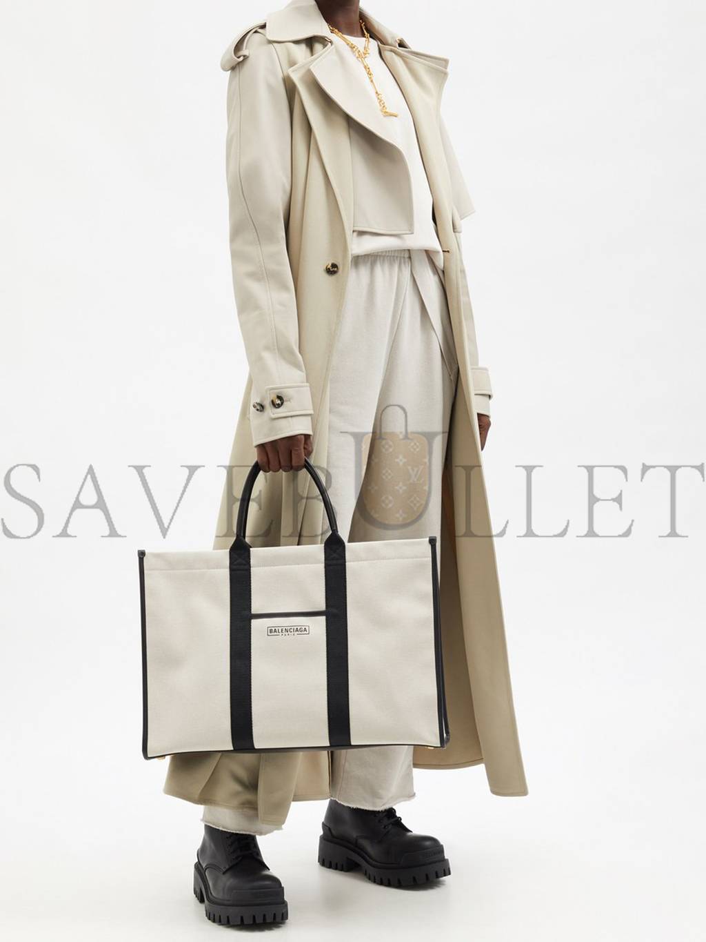 BALENCIAGA NEUTRAL NEO L LEATHER-TRIM CANVAS TOTE BAG MATCHESFASHION US (48.2*32*16cm)