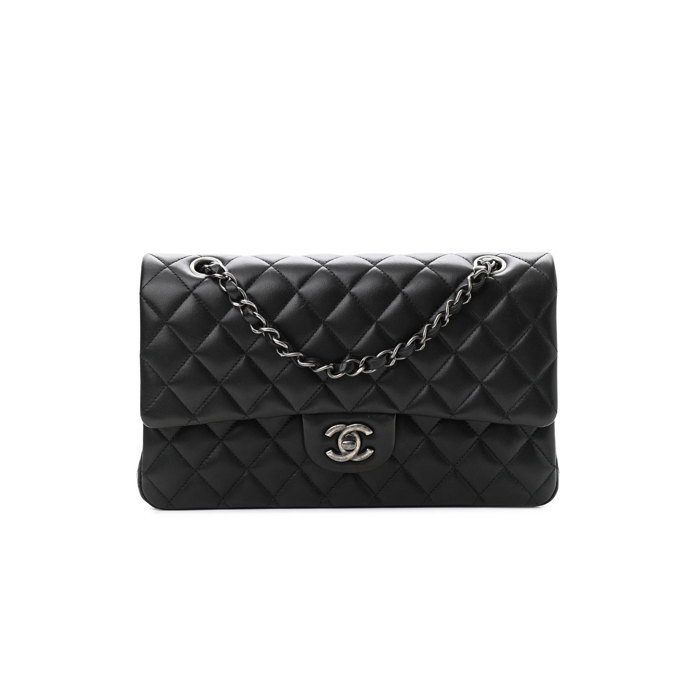 CHANEL LAMBSKIN QUILTED SMALL DOUBLE FLAP BLACK SILVER HARDWARE (25*15*6cm)