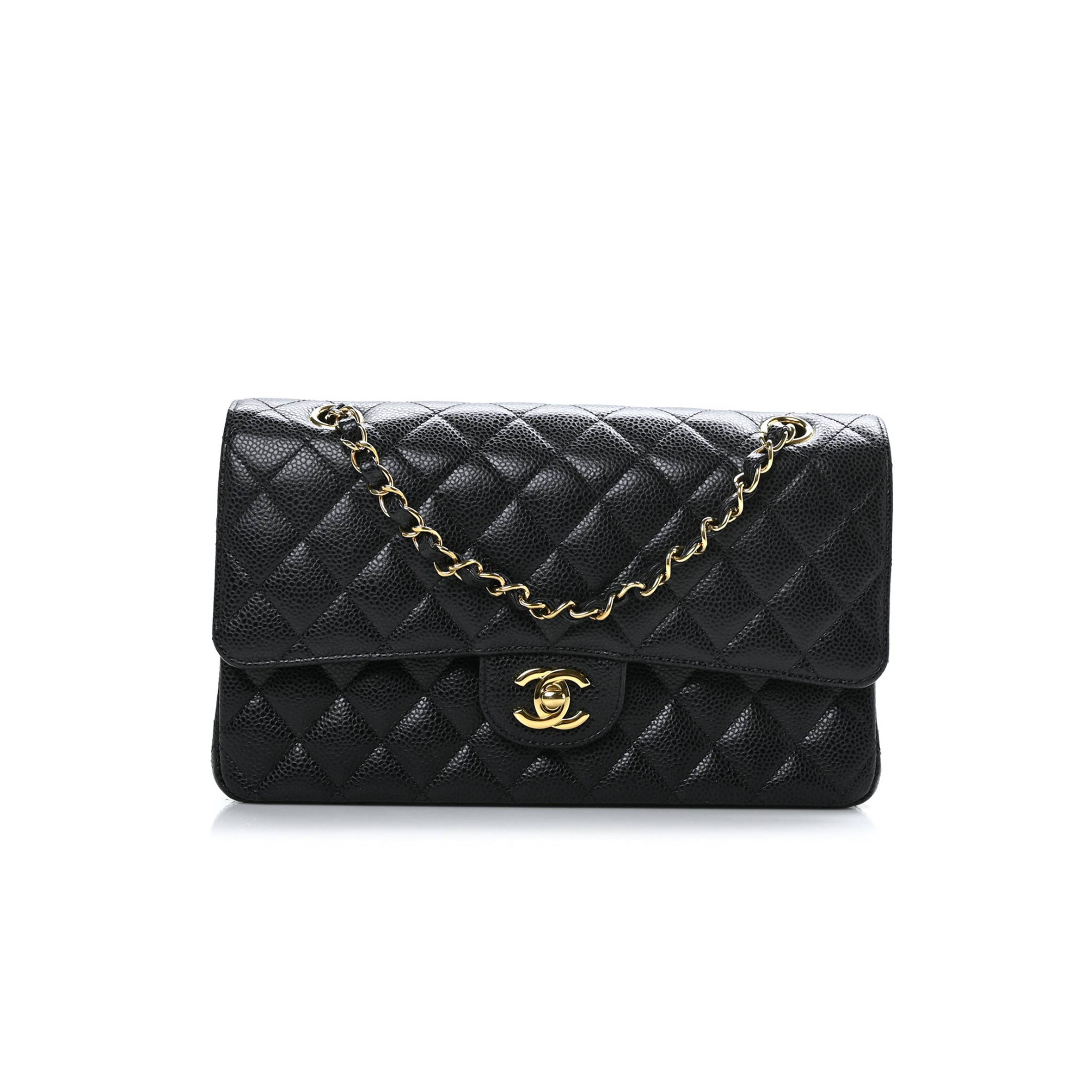 CHANEL CAVIAR QUILTED MEDIUM DOUBLE FLAP BLACK GOLD HARDWARE (25*16*6cm)