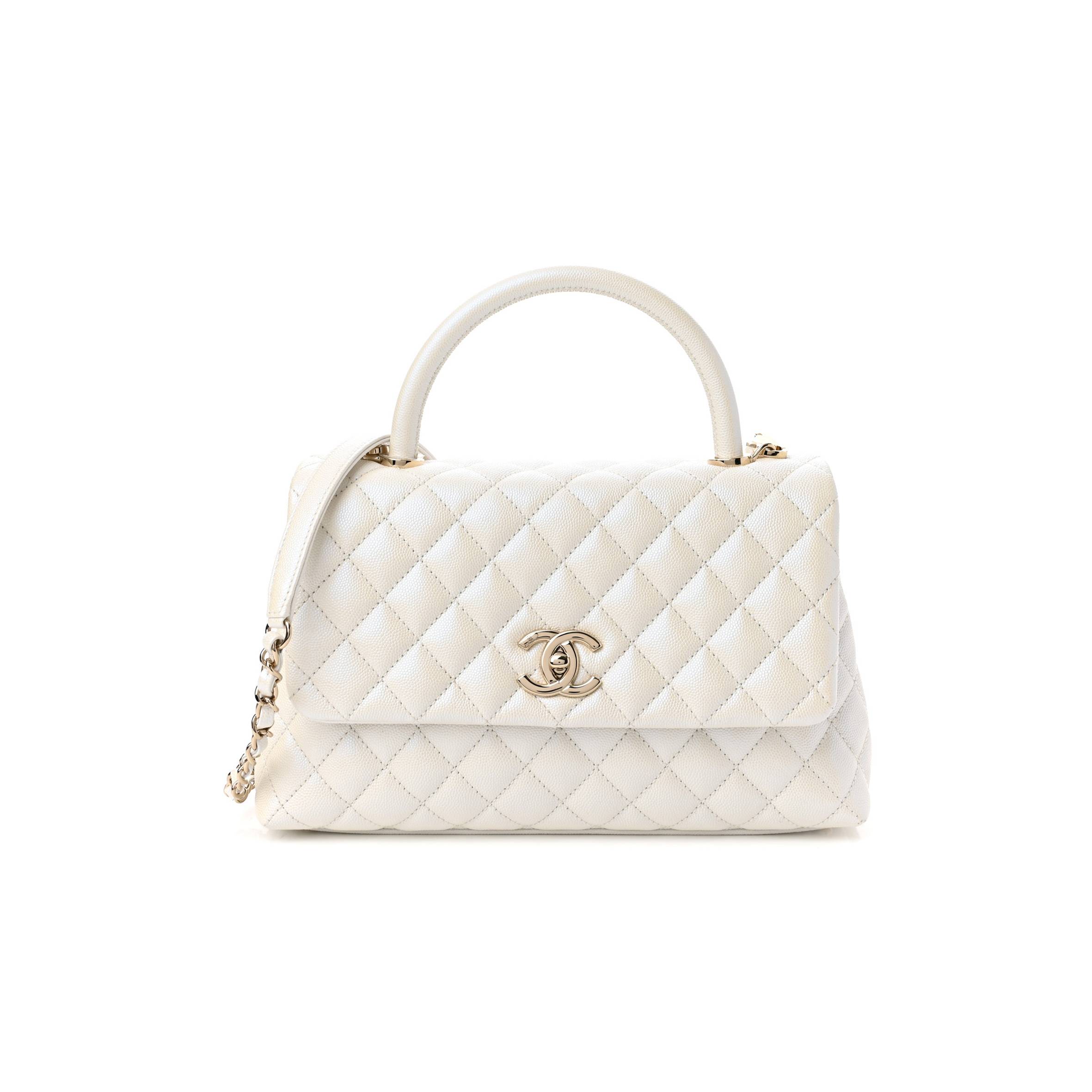 CHANEL IRIDESCENT CAVIAR QUILTED SMALL COCO HANDLE FLAP WHITE ROSE GOLD HARDWARE (28*17*11cm)