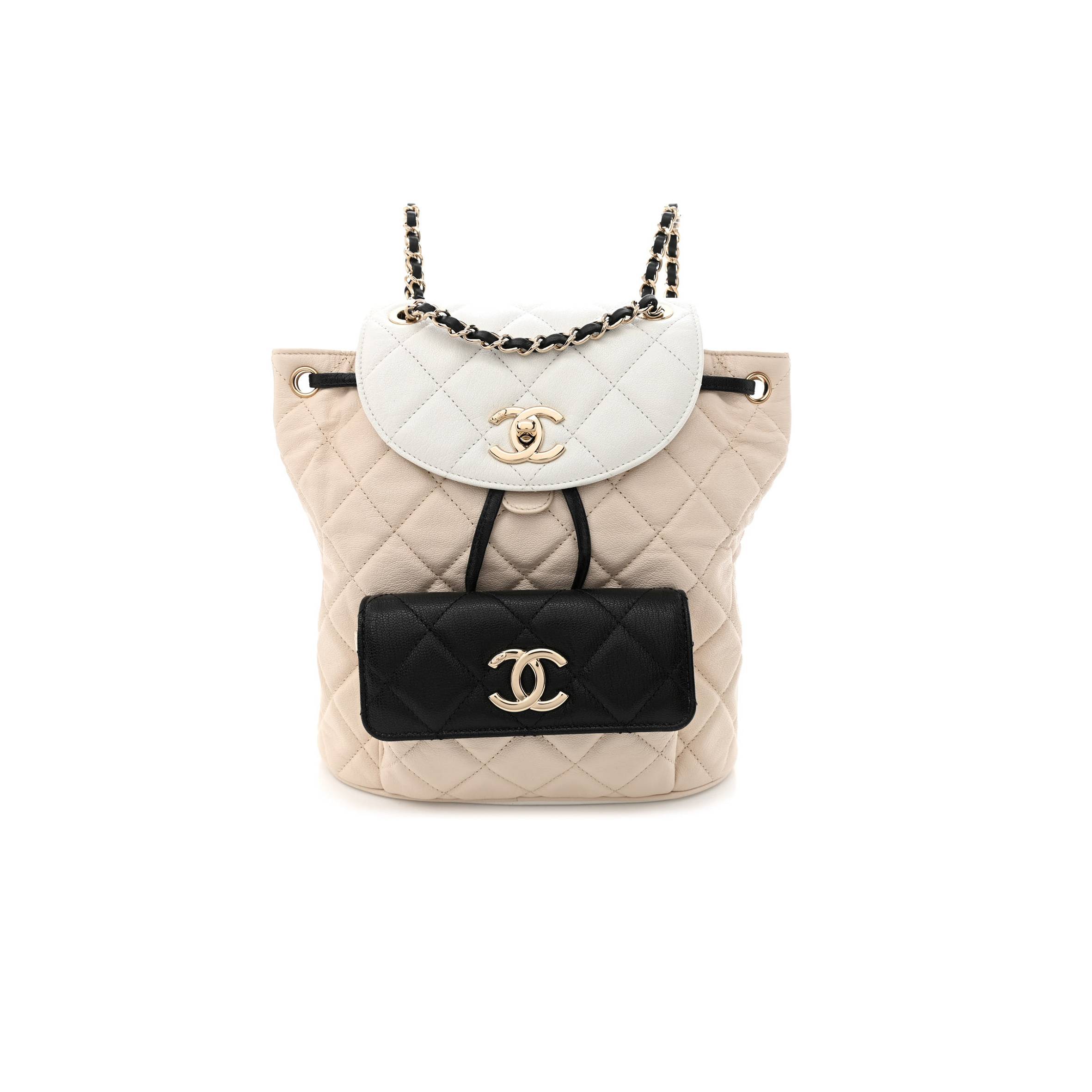 CHANEL GOATSKIN QUILTED DUMA DRAWSTRING BACKPACK BEIGE BLACK WHITE ROSE GOLD HARDWARE (23*22*12cm)