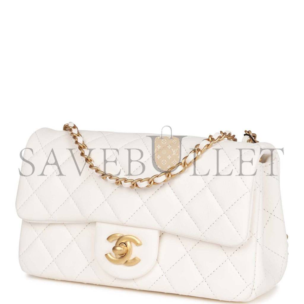 CHANEL PEARL CRUSH MINI RECTANGULAR FLAP BAG WHITE LAMBSKIN ANTIQUE GOLD HARDWARE (20*13*6cm)