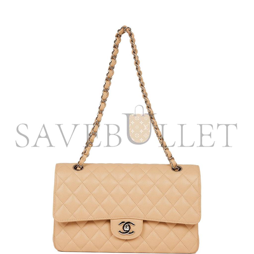 CHANEL MEDIUM CLASSIC DOUBLE FLAP BAG BEIGE CAVIAR SILVER HARDWARE (25*15*7cm)