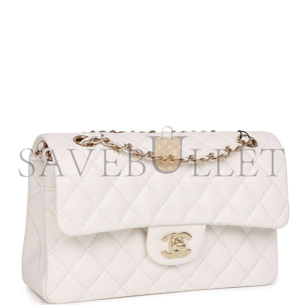 CHANEL SMALL CLASSIC DOUBLE FLAP WHITE CAVIAR  GOLD HARDWARE (23*13*6cm)