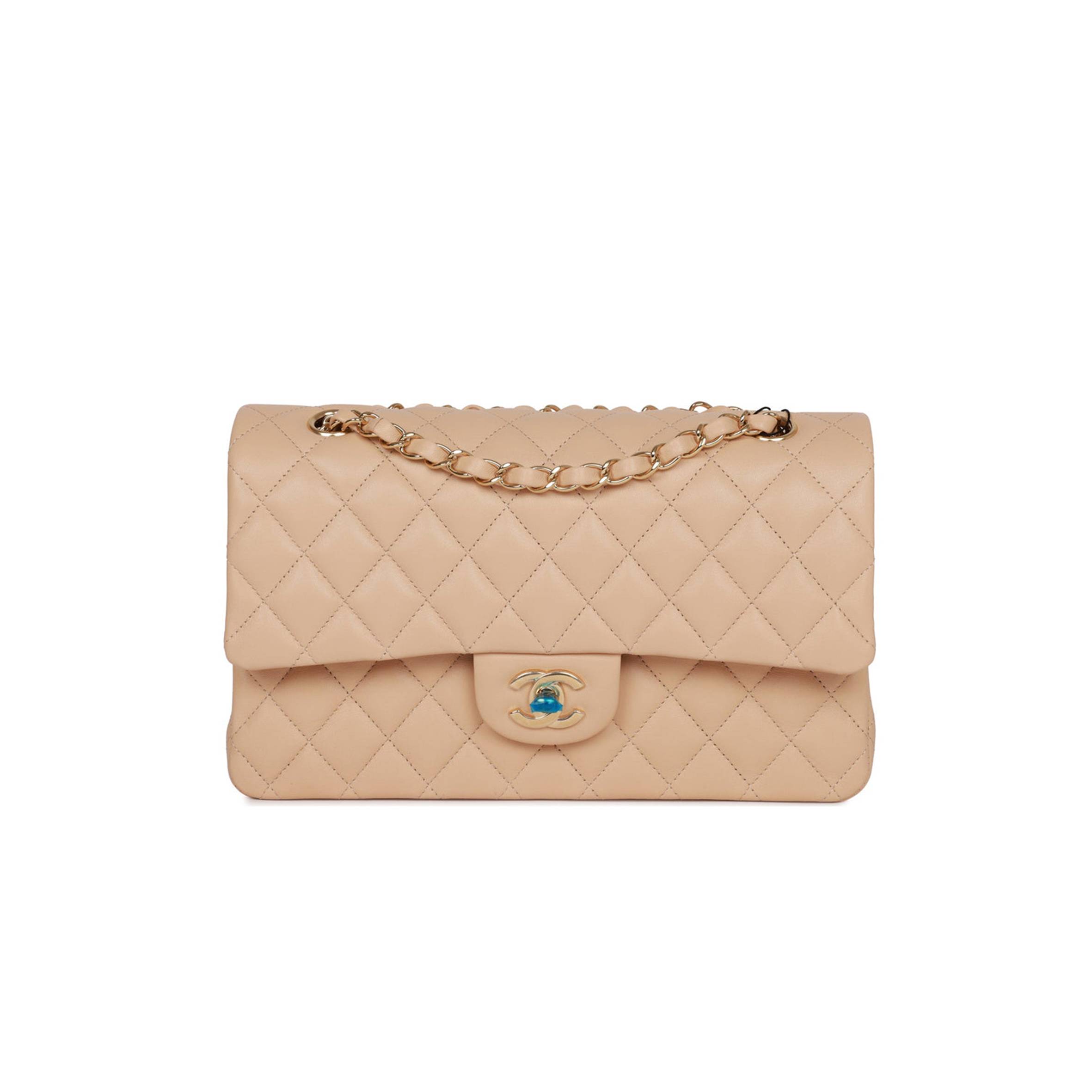 CHANEL MEDIUM CLASSIC DOUBLE FLAP BAG BEIGE LAMBSKIN LIGHT GOLD HARDWARE (25*15*7cm)