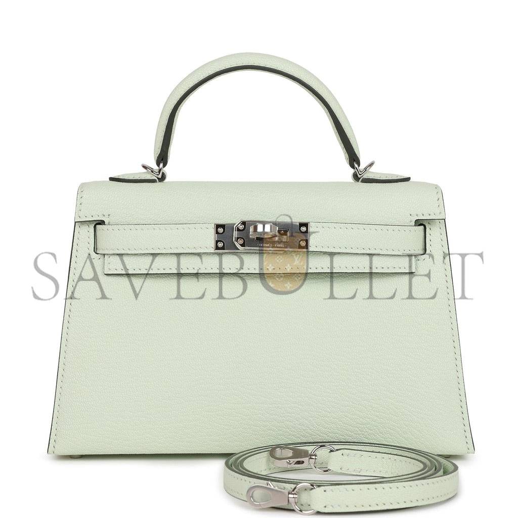 HERMES MINI KELLY SELLIER 20 VERT FIZZ CHEVRE PALLADIUM HARDWARE (19*12*5.5cm)