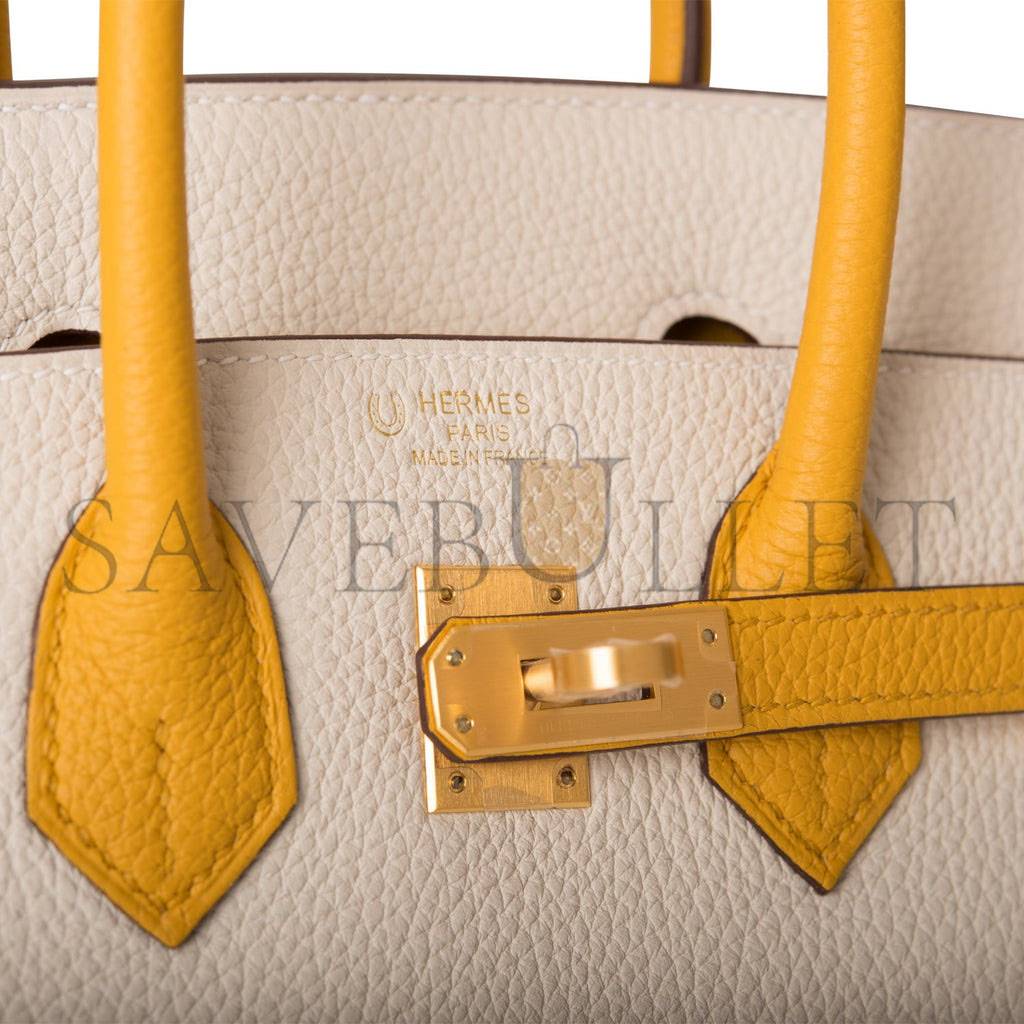 HERMES SPECIAL ORDER (HSS) BIRKIN 25 CRAIE AND JAUNE AMBRE TOGO BRUSHED GOLD HARDWARE HANDMADE (25cm)