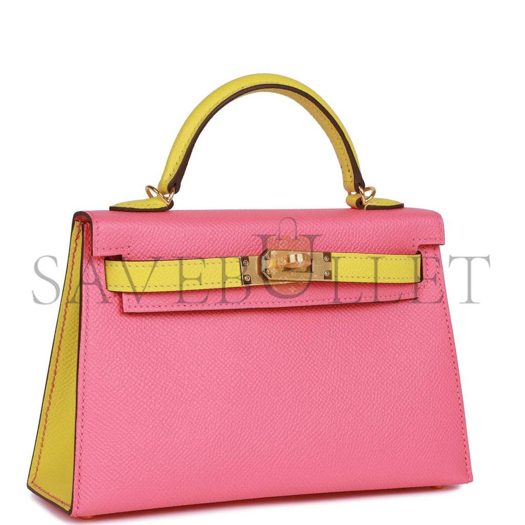 HERMES SPECIAL ORDER (HSS) KELLY MINI SELLIER 20 ROSE AZALEE AND LIME EPSOM GOLD HARDWARE (19*12*5.5cm)