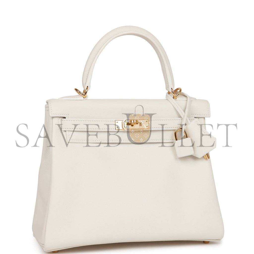 HERMES KELLY RETOURNE 25 WHITE SWIFT GOLD HARDWARE HANDMADE (25*17*7cm)