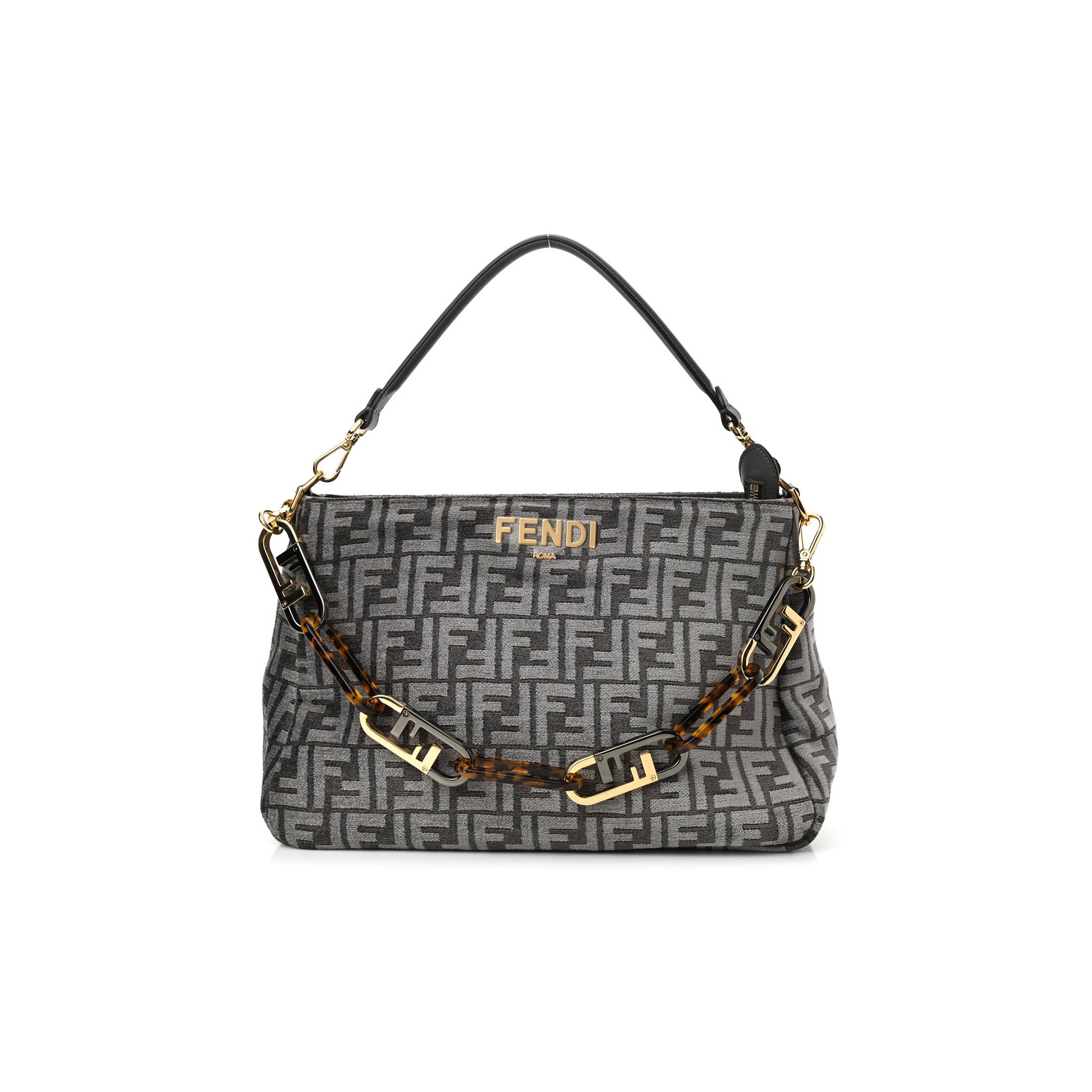 FENDI CHENILLE VITELLO SETA PLEXIGLASS FF FENDI O&#X27;LOCK ZIPPER ANTHRACITE ASFALTO (35*23*14cm)