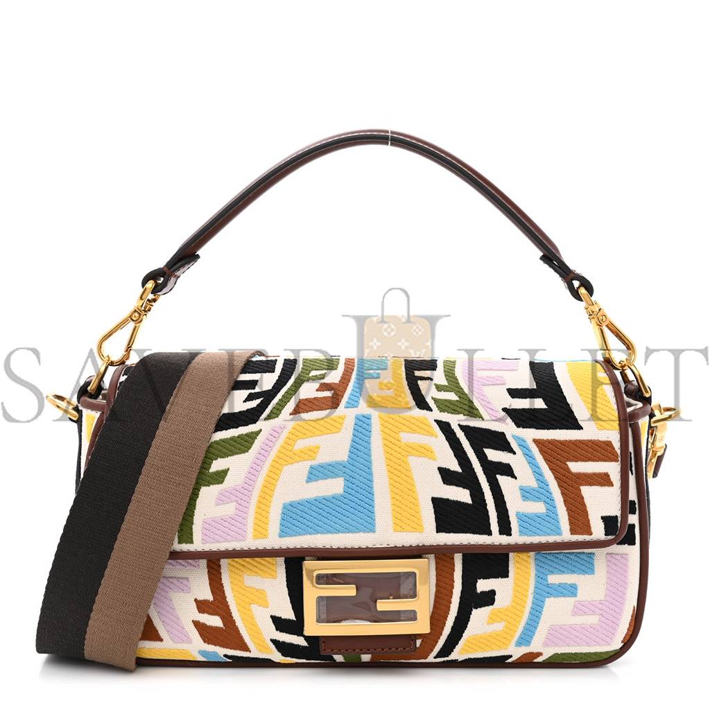 FENDI X SARA COLEMAN CANVAS VITELLO KING SETA FF FISH EYE EMBROIDERED BAGUETTE GREZZO MULTICOLOR GHIANDA (28*15*6cm)