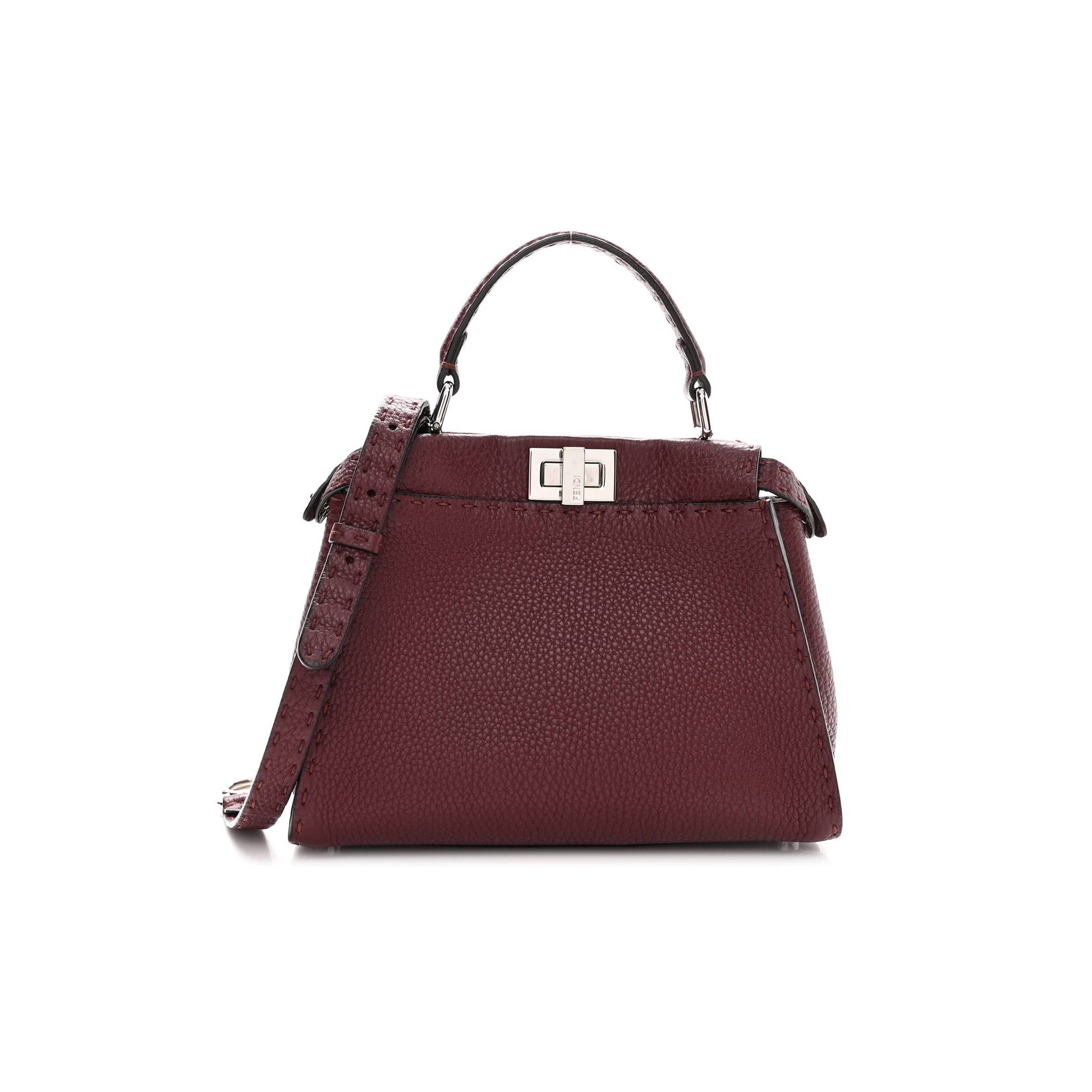 FENDI CUOIO ROMANO SELLERIA BI-COLOR MINI PEEKABOO ICONIC SATCHEL BORDEAUX GRIGIO POLVERE (23*19*11cm)