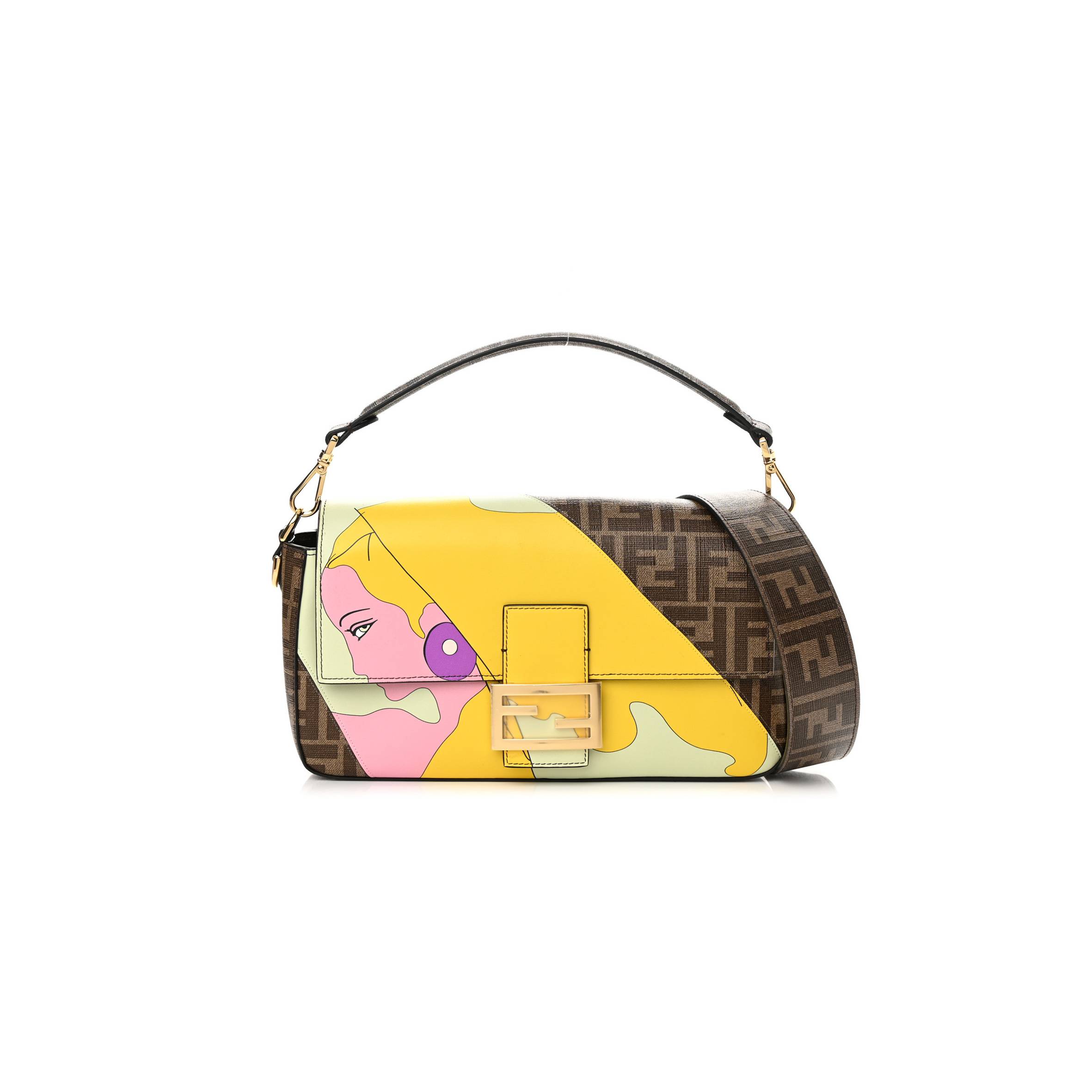 FENDI GLAZED FABRIC FF 1974 HAIRDO GIRLS INLAY BAGUETTE MOGANO PANNA MULTICOLOR (27*15*6cm)